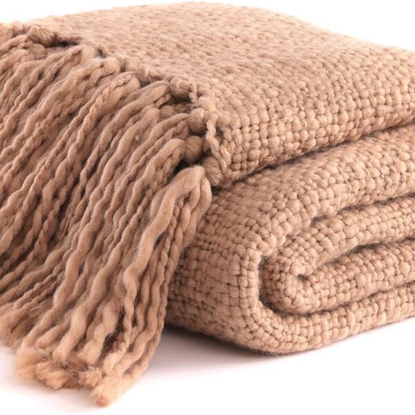 Beige Basketweave Chunky Knit Throw Blanket 50x60 with Tassels