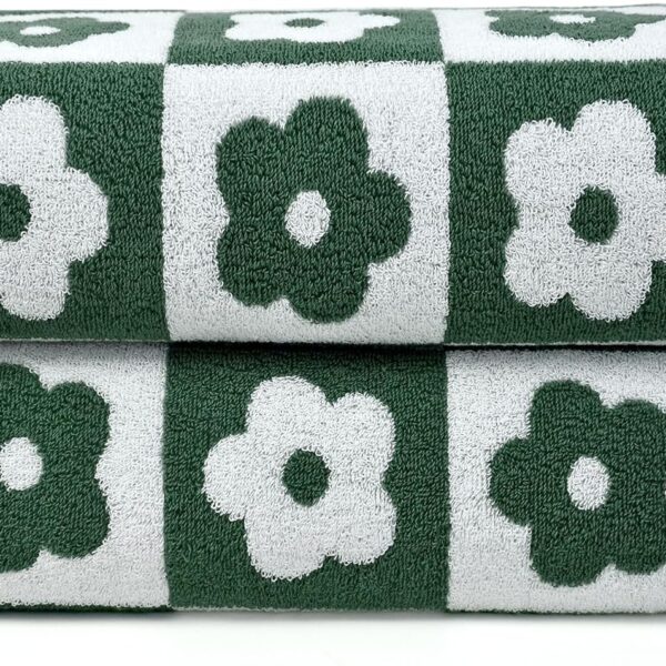 Set of 2 Green Checkered Floral Quick-Dry Cotton Bath Towels 27.5x55