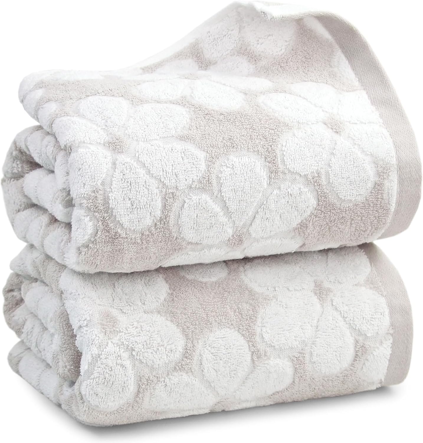 81PAfmyJ2ZL._AC_SL1500_.jpg 2-Pack Light Beige Floral Jacquard Cotton Bath Towels 27.5x55 - Image 1